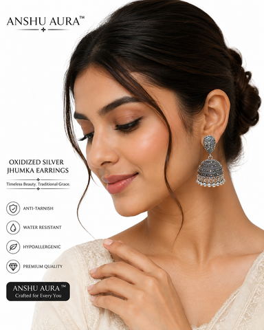 Oxidized Silver Jhumka Earrings