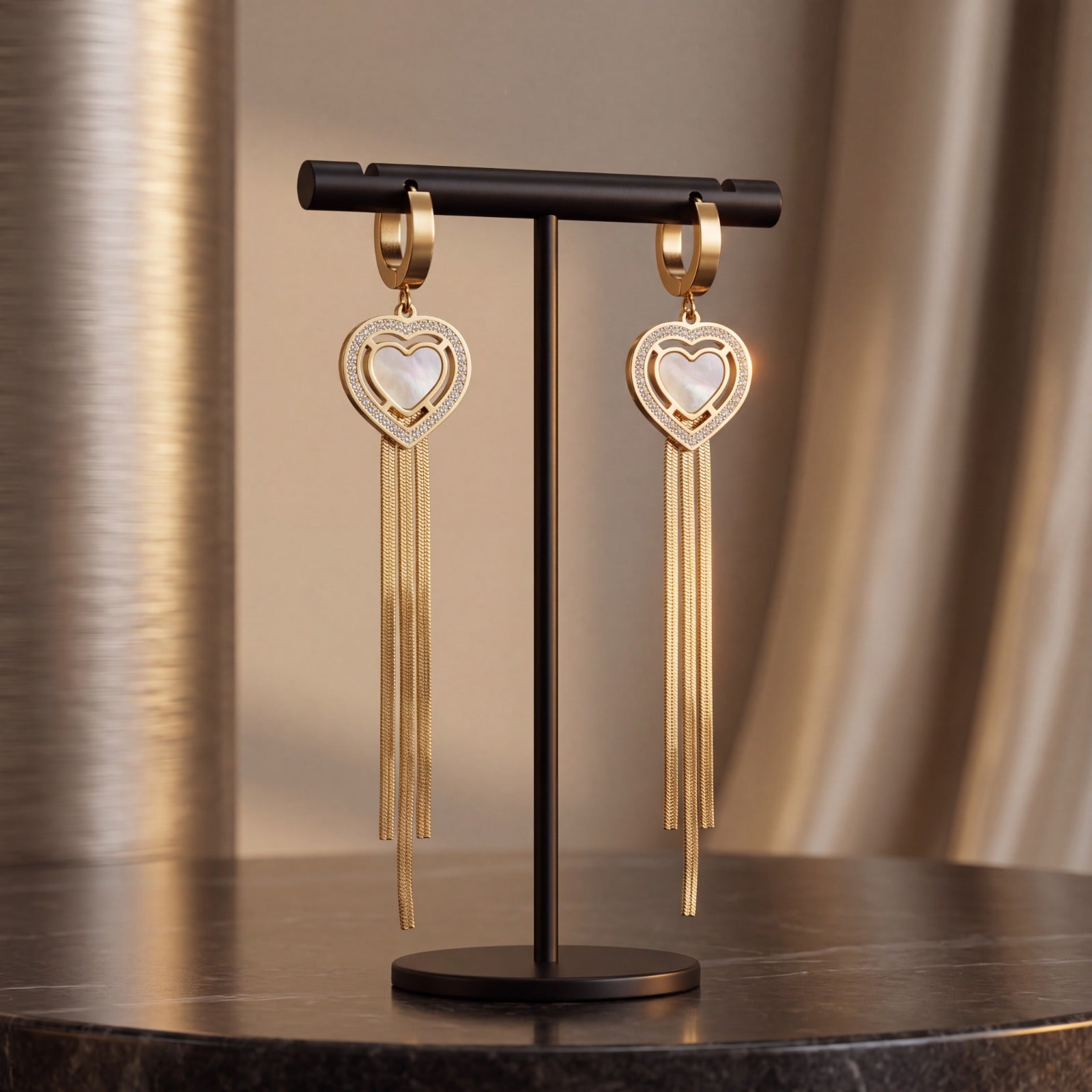 Golden Heart Shell Drop Earrings with Sleek Tassels