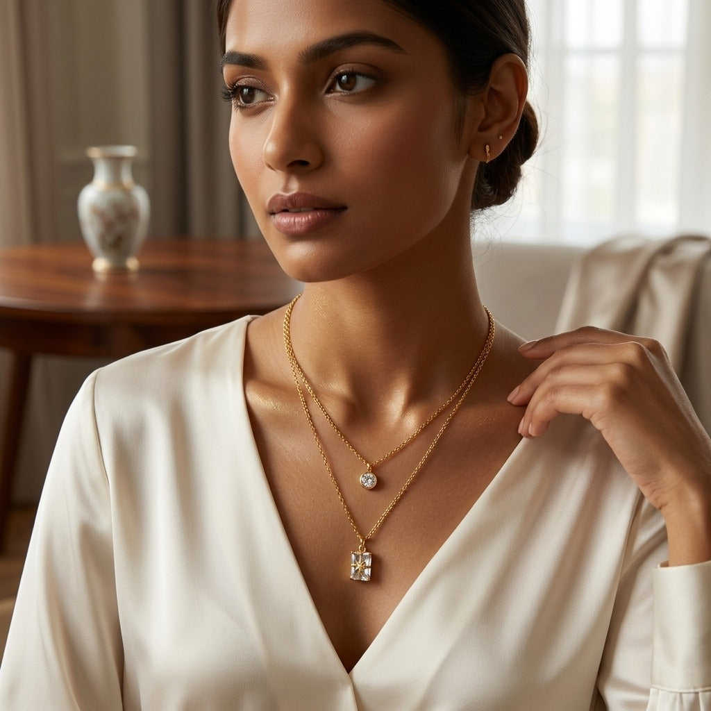 Celestial Glow Double-Layer Crystal Pendant Necklace