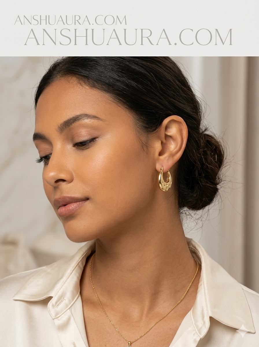 Anshuaura 18K Gold-Plated Crescent Hoop Earrings with Diamond-Cut Texture