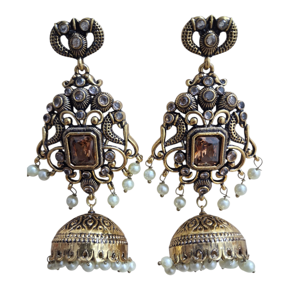 Antique Gold-Plated Peacock Jhumka Earrings with Stones and Pearl Droplets