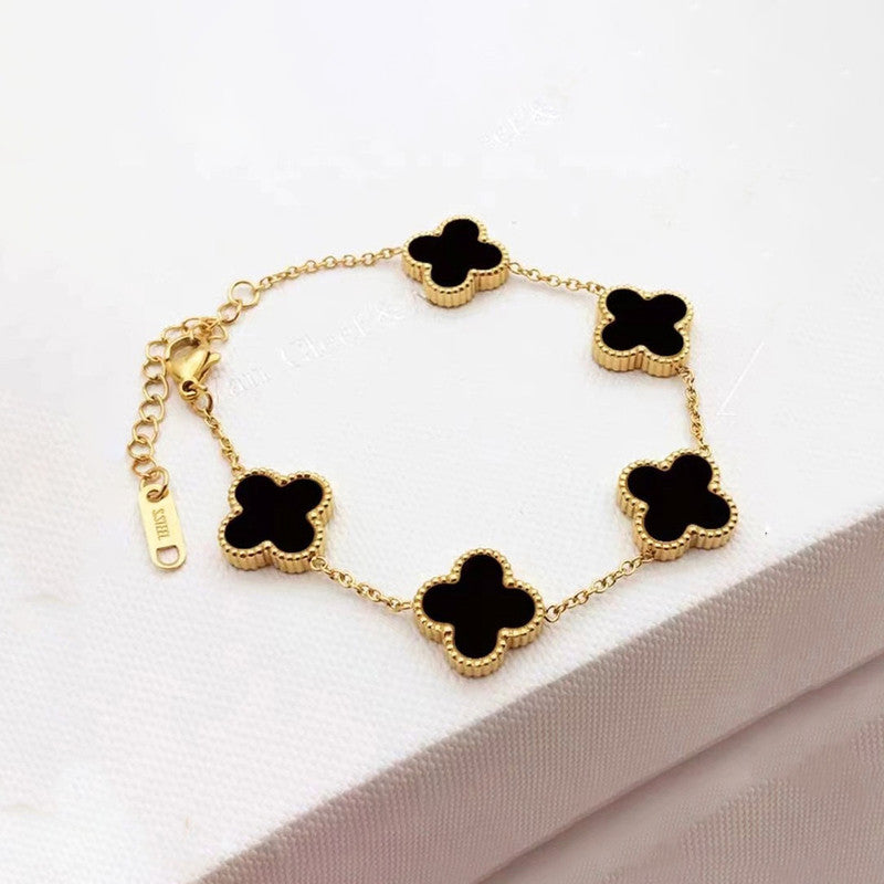 Onyx Clover Leaf 18K Gold Plated Bracelet
