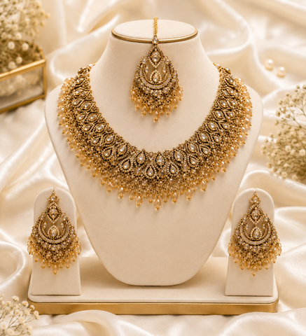 Royal Kundan Bridal Necklace Set with Matching Earrings & Maang Tikka | Gold Finish | Wedding & Festive Jewellery