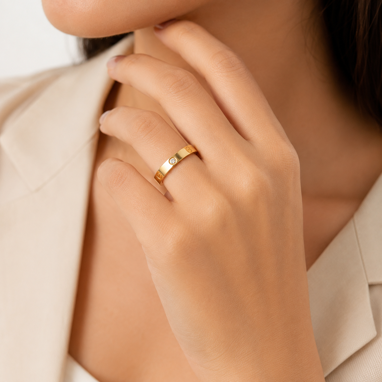 Classic Screw Motif Gold-Tone Crystal Ring
