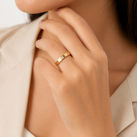 Classic Screw Motif Gold-Tone Crystal Ring