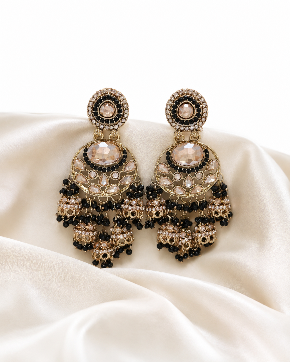 Royal Black & Gold Kundan Jhumka Earrings