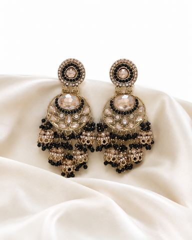 Royal Black & Gold Kundan Jhumka Earrings