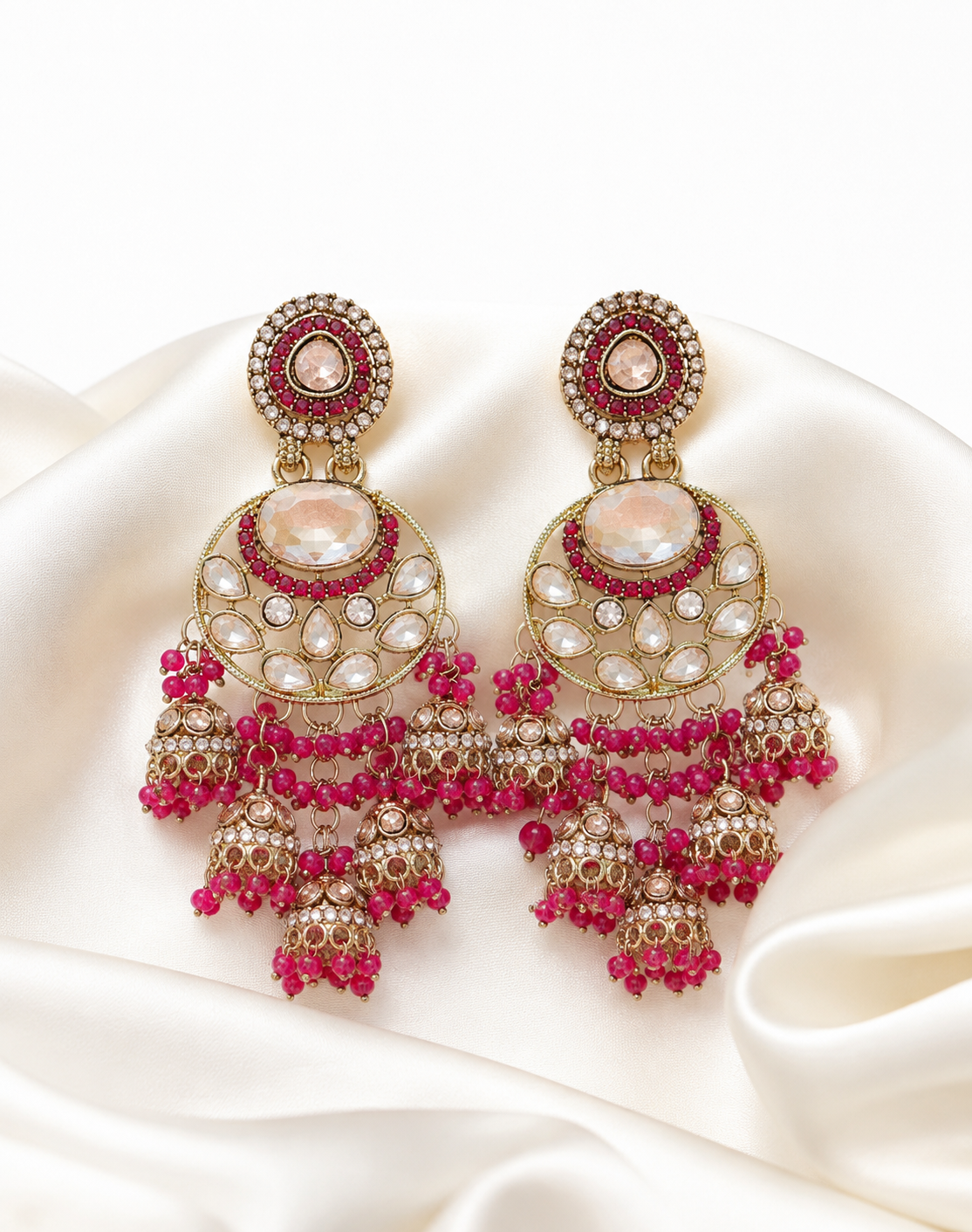 Ruby Pink Kundan Chandbali Jhumka Earrings