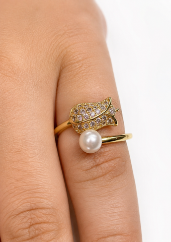 Pearl Leaf Elegance Gold-Tone Ring