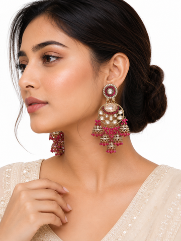 Ruby Pink Kundan Chandbali Jhumka Earrings