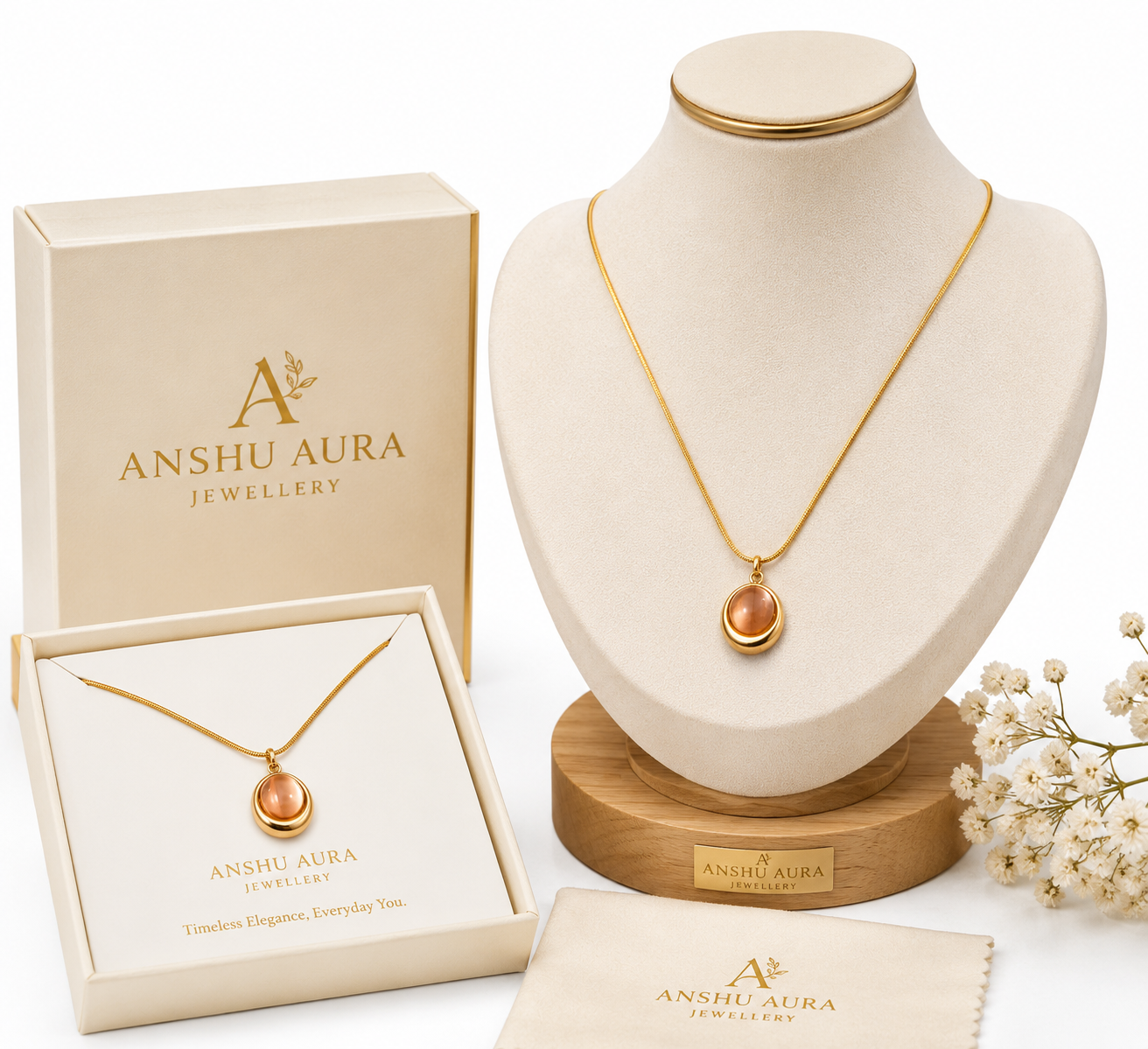 Peach Cat Eye Stone Gold