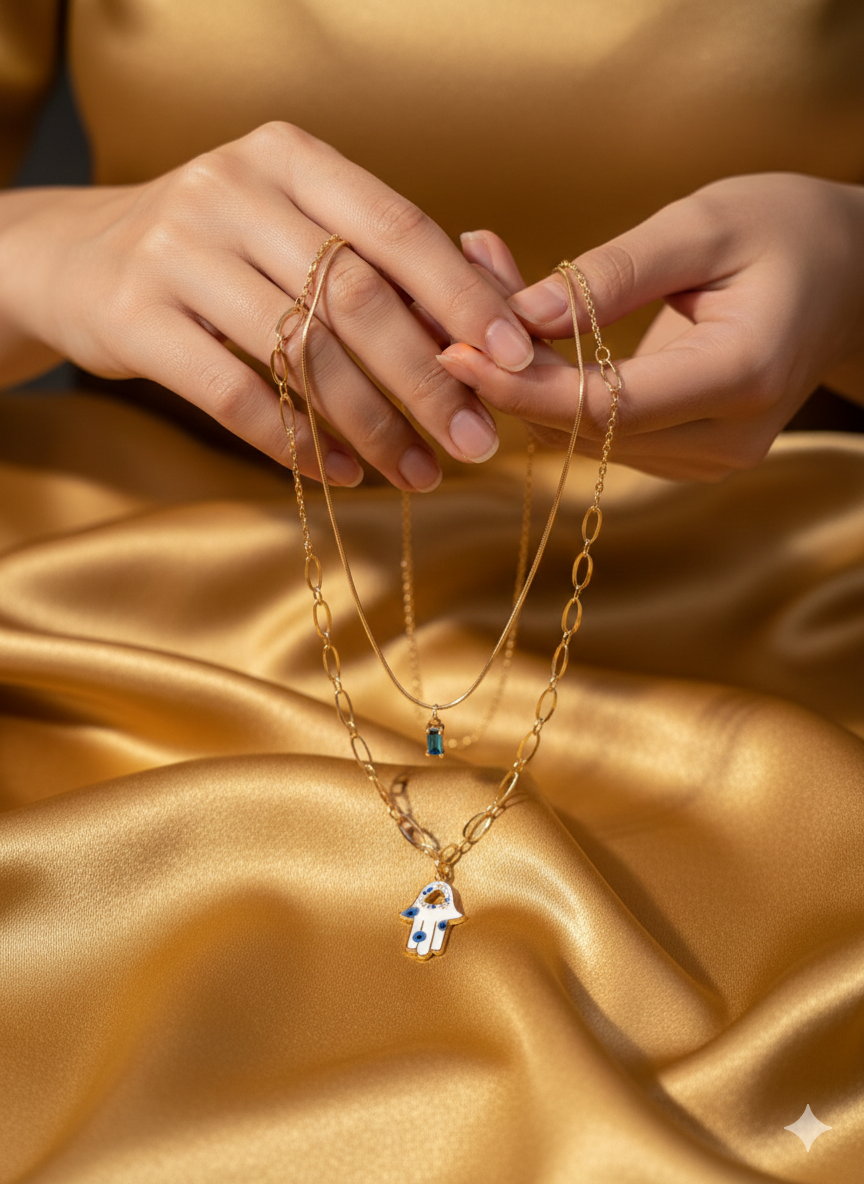 Elegant Double Layered Blue  stone hamsa necklaces