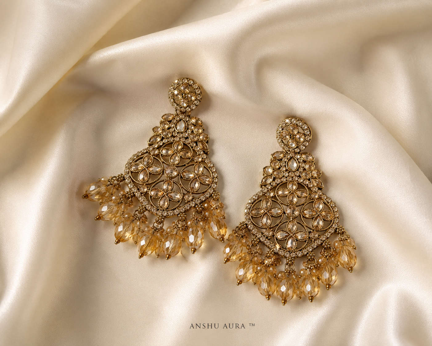 Anshu Aura™ Premium Champagne Crystal Chandbali Earrings | Anti-Tarnish Luxury Statement Earrings