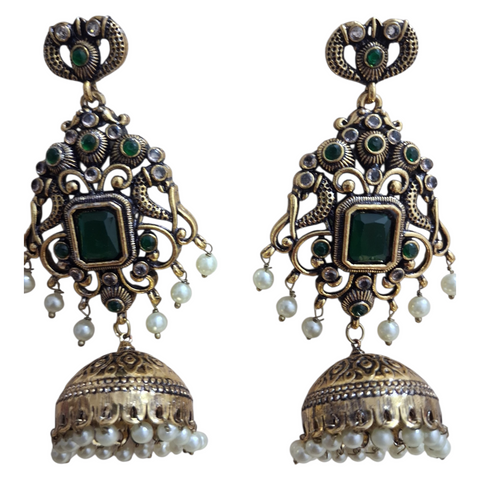 Antique Gold-Plated Peacock Jhumka Earrings with Stones and Pearl Droplets