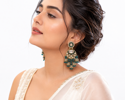 Teal & Gold Royal Chandbali Jhumka Earrings