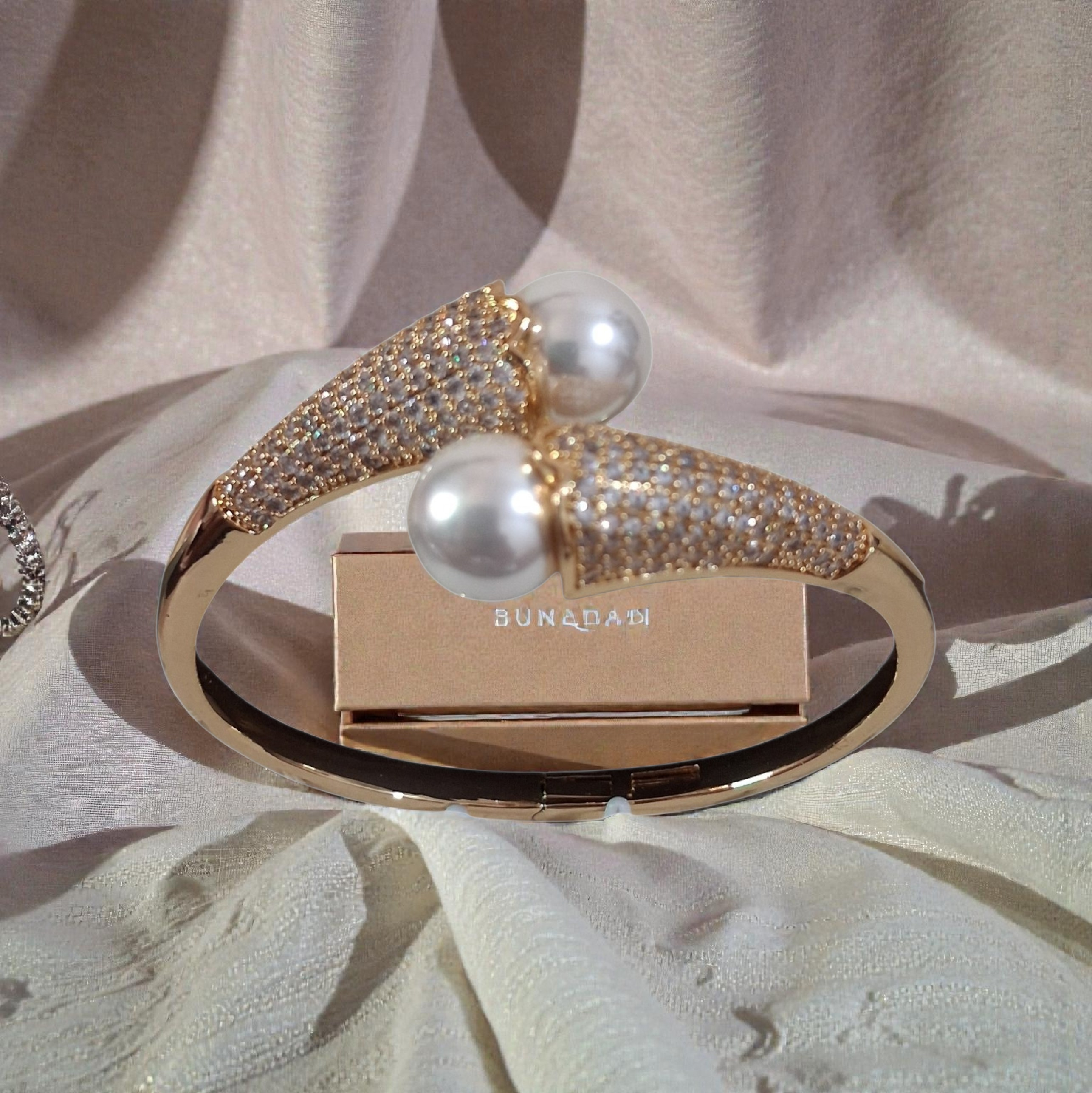 Serene Pearl & Zircon Pavé Crossover Bangle – 18K Gold Plated (Anti-Tarnish)