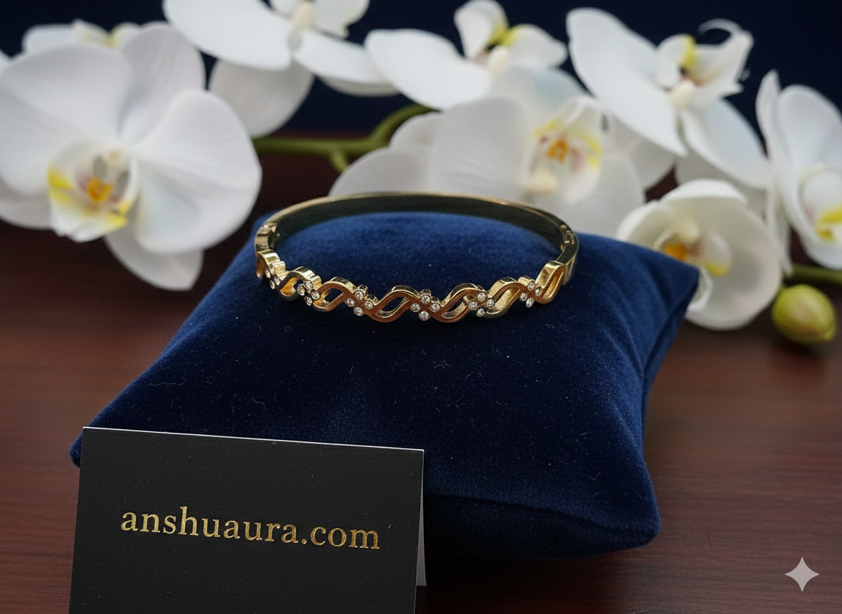 Anshu Aura™ Eternal Wave 18K Gold-Plated Diamond Bangle (Premium Sleek Design for Modern Elegance)