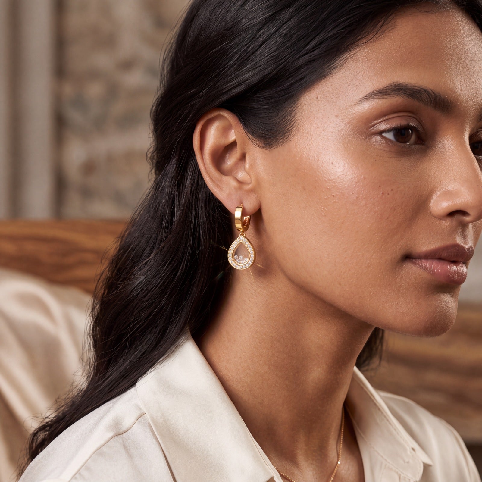 Elegant Gold-Plated Teardrop Huggie Hoop Earrings with Floating Crystals