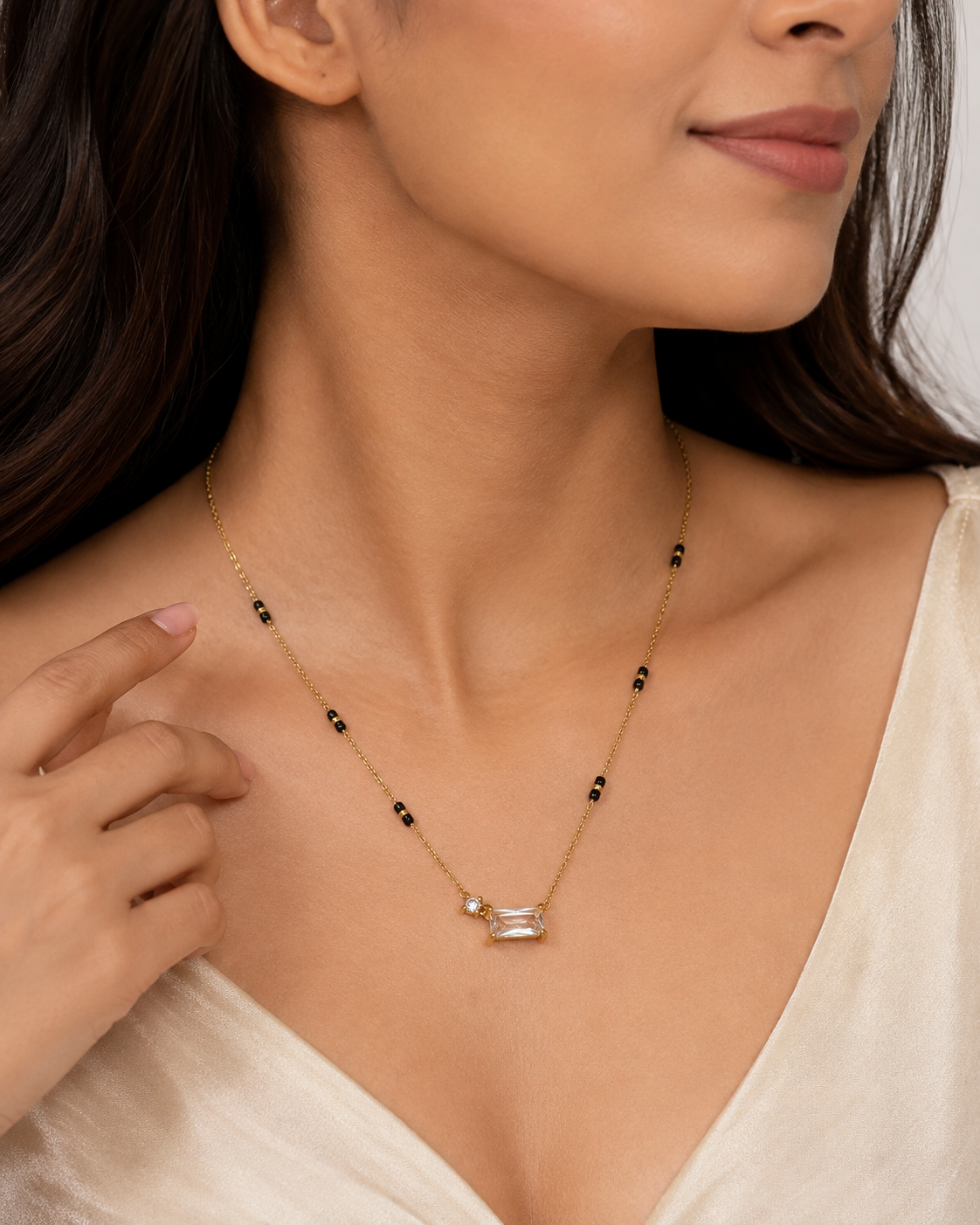 Luxe Black Beaded Baguette Pendant Necklace
