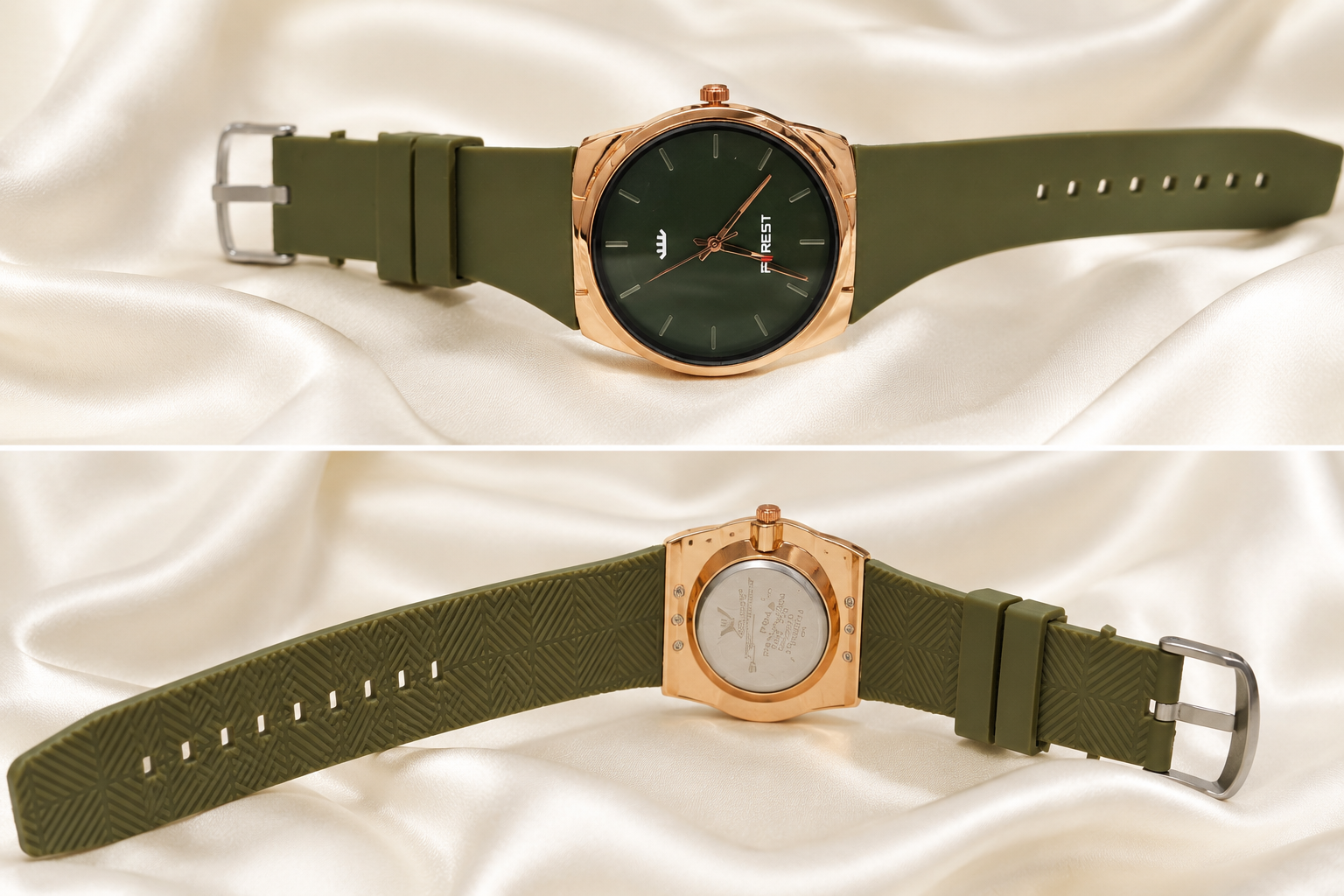 Olive Green Premium Analog Watch for Men | Rose Gold Case | Silicone Strap | Everyday Luxury