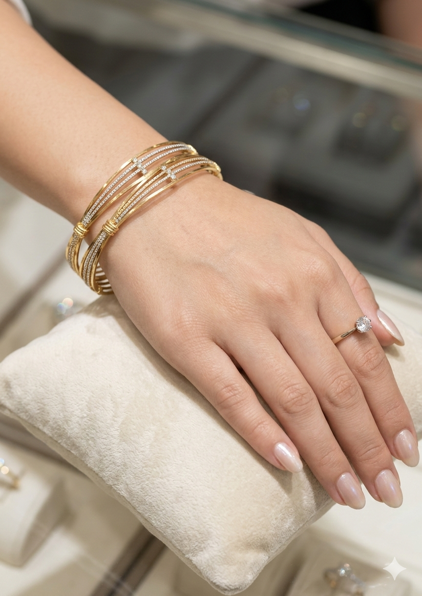 Elegant Triple-Strand Gold & Diamond Bangles