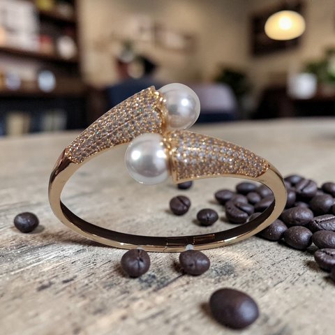 Serene Pearl & Zircon Pavé Crossover Bangle – 18K Gold Plated (Anti-Tarnish)