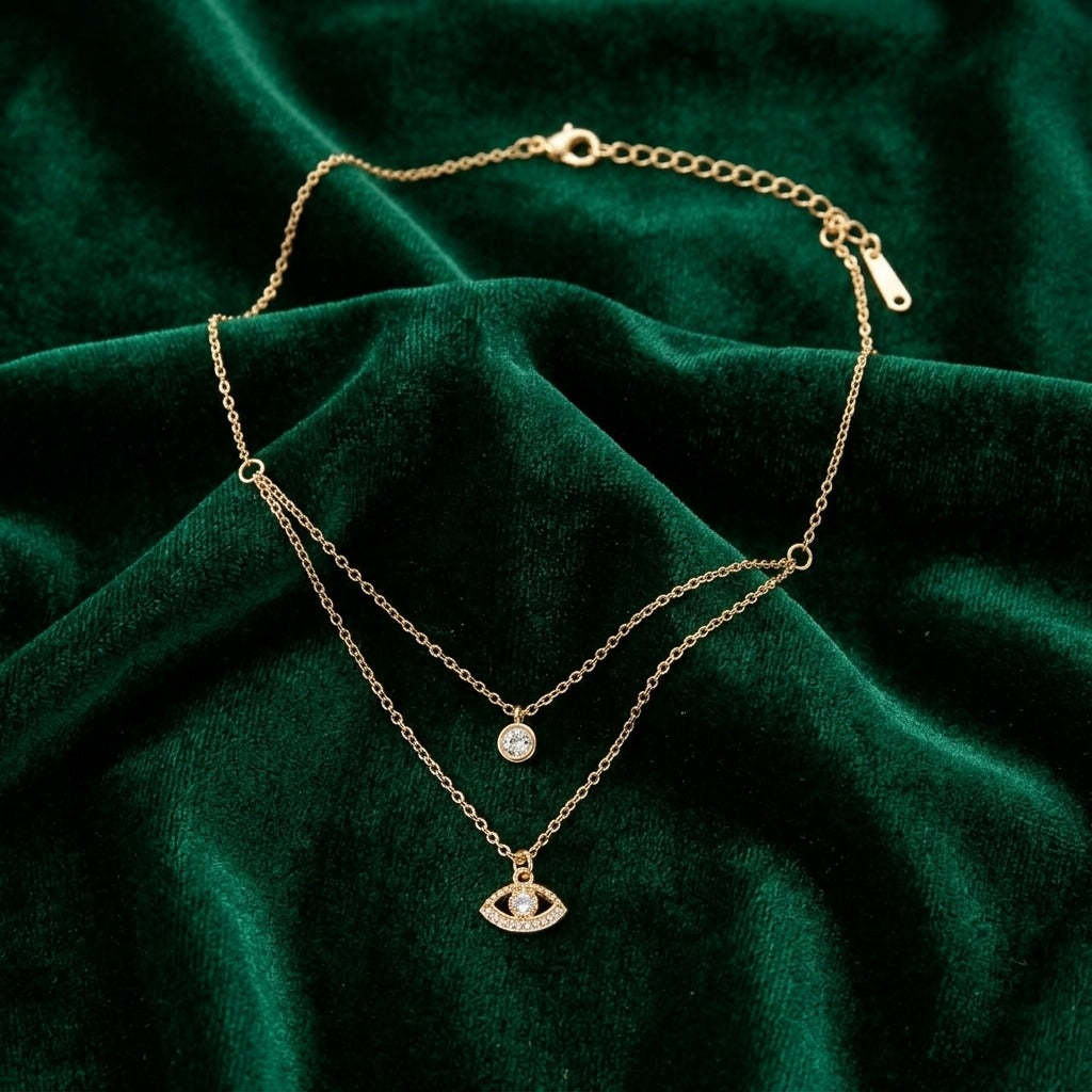 Evil Eye Double Layer Crystal Pendant Necklace