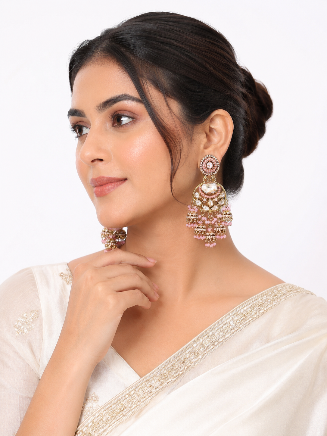 Pink Stone Royal Chandbali Jhumka Earrings