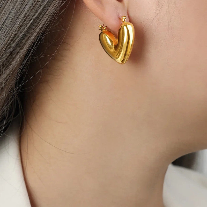 Gold Puffy Heart Hoop Earrings - Anti-Tarnish Bold Love Hoops