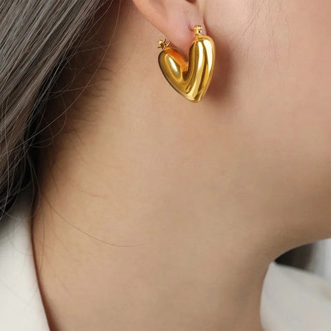 Gold Puffy Heart Hoop Earrings - Anti-Tarnish Bold Love Hoops