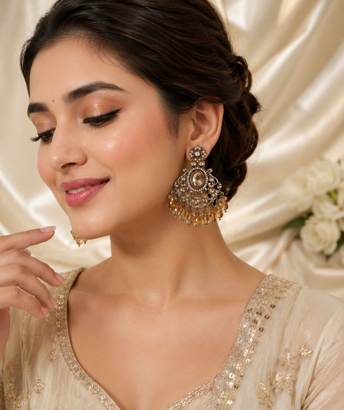 Royal Champagne Crystal Chandbali Earrings – Premium Ethnic Statement Earrings