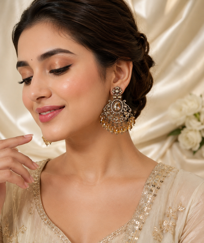 Royal Champagne Crystal Chandbali Earrings – Premium Ethnic Statement Earrings