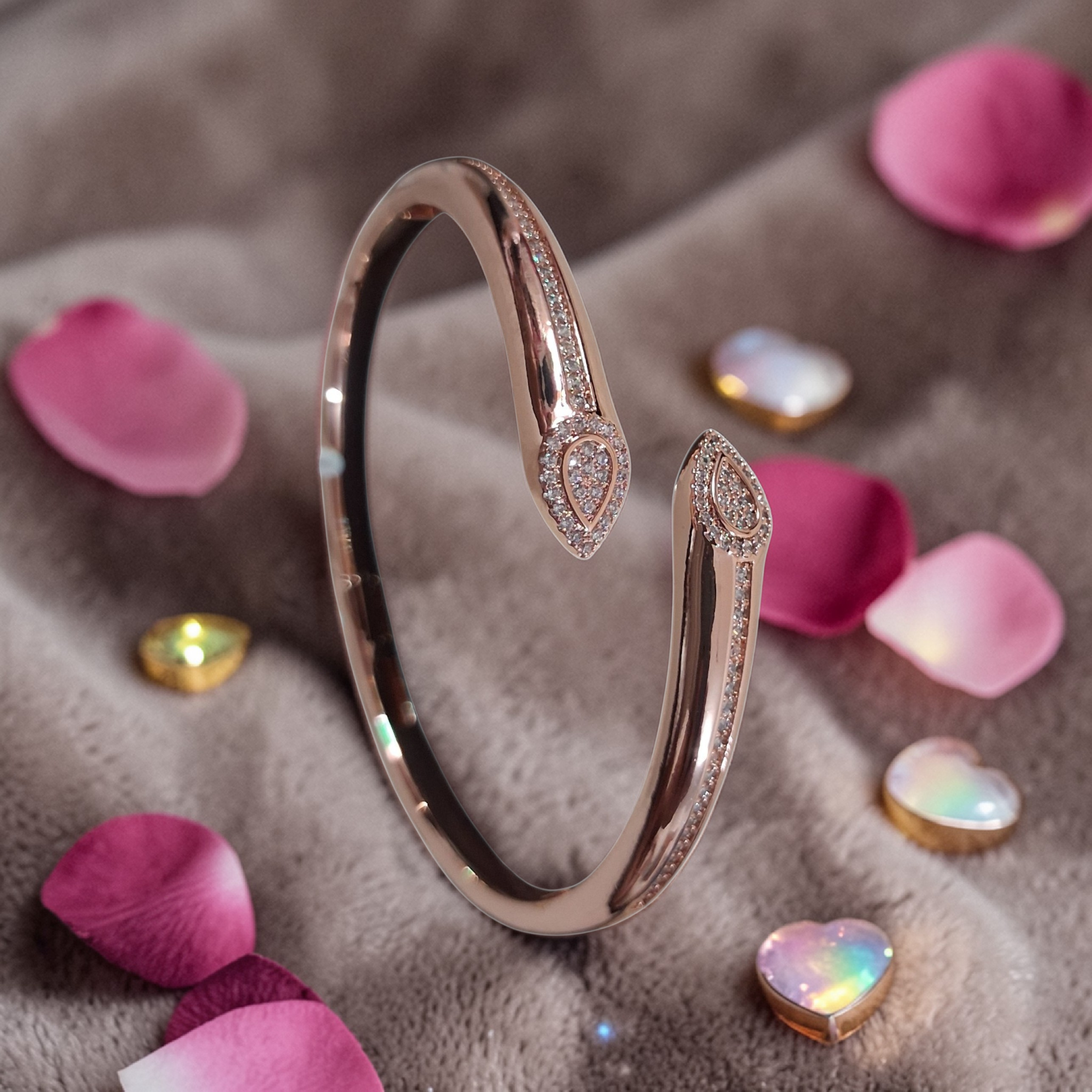 Rose Gold Serpent-Style Open Bypass Bangle with Diamond Accents