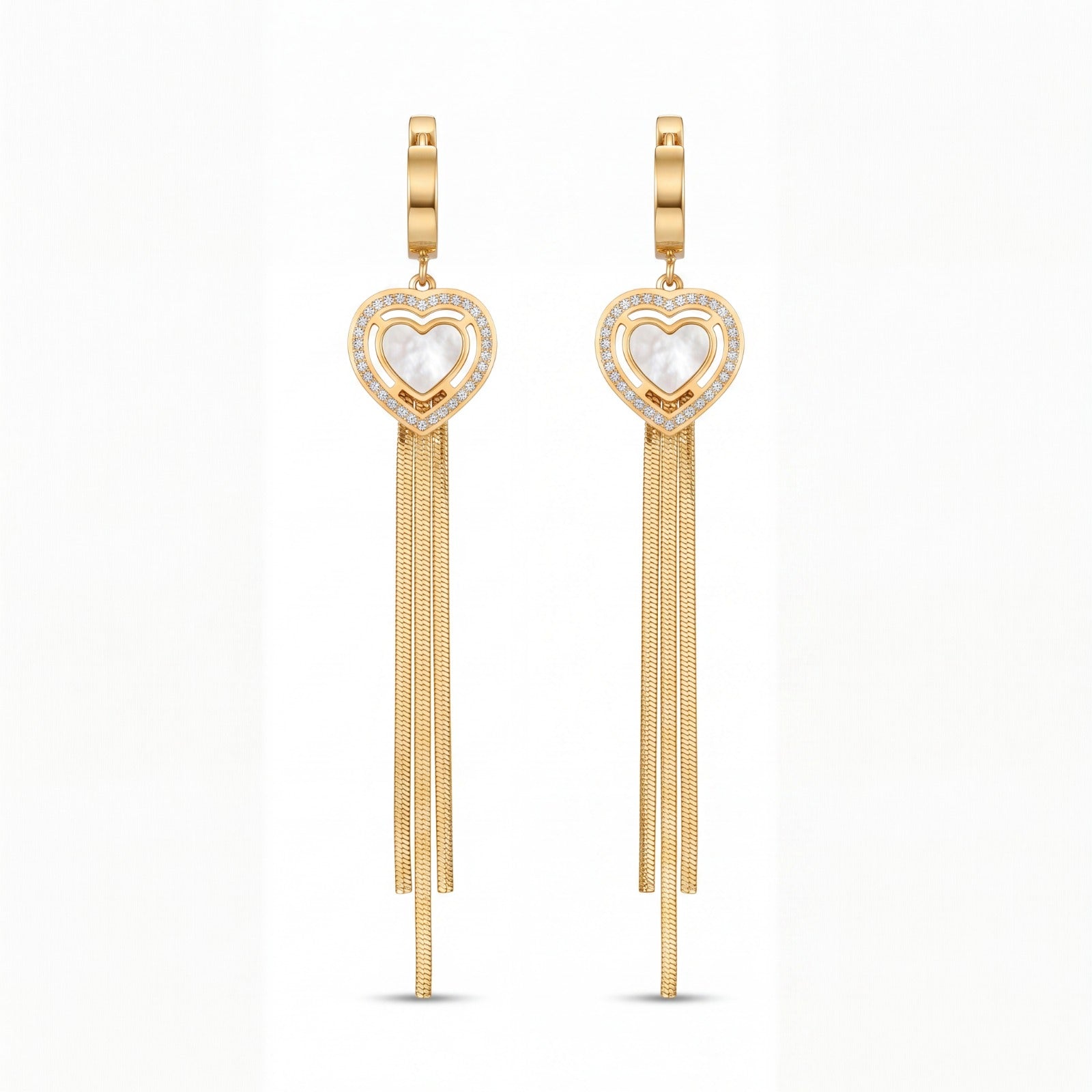 Golden Heart Shell Drop Earrings with Sleek Tassels