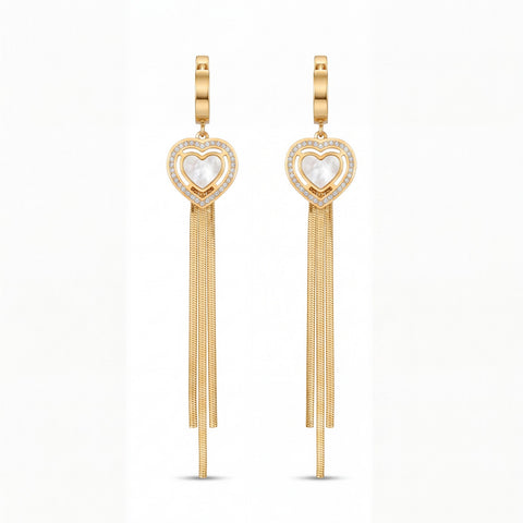 Golden Heart Shell Drop Earrings with Sleek Tassels