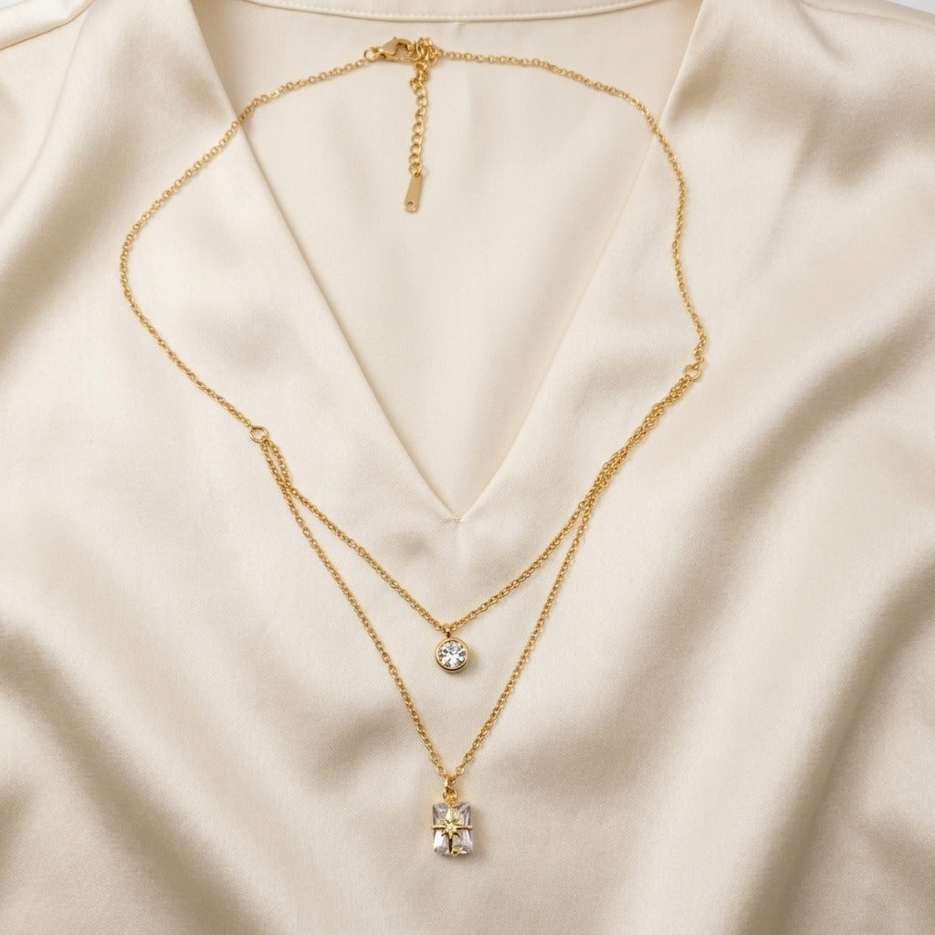 Celestial Glow Double-Layer Crystal Pendant Necklace