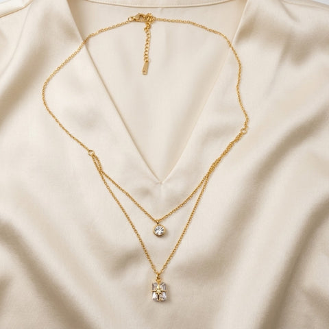 Celestial Glow Double-Layer Crystal Pendant Necklace