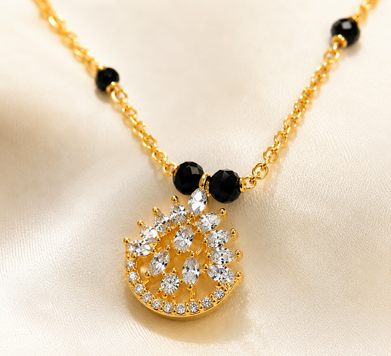 Elegant Gold-Plated Black Beaded Pendant Necklace