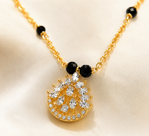 Elegant Gold-Plated Black Beaded Pendant Necklace