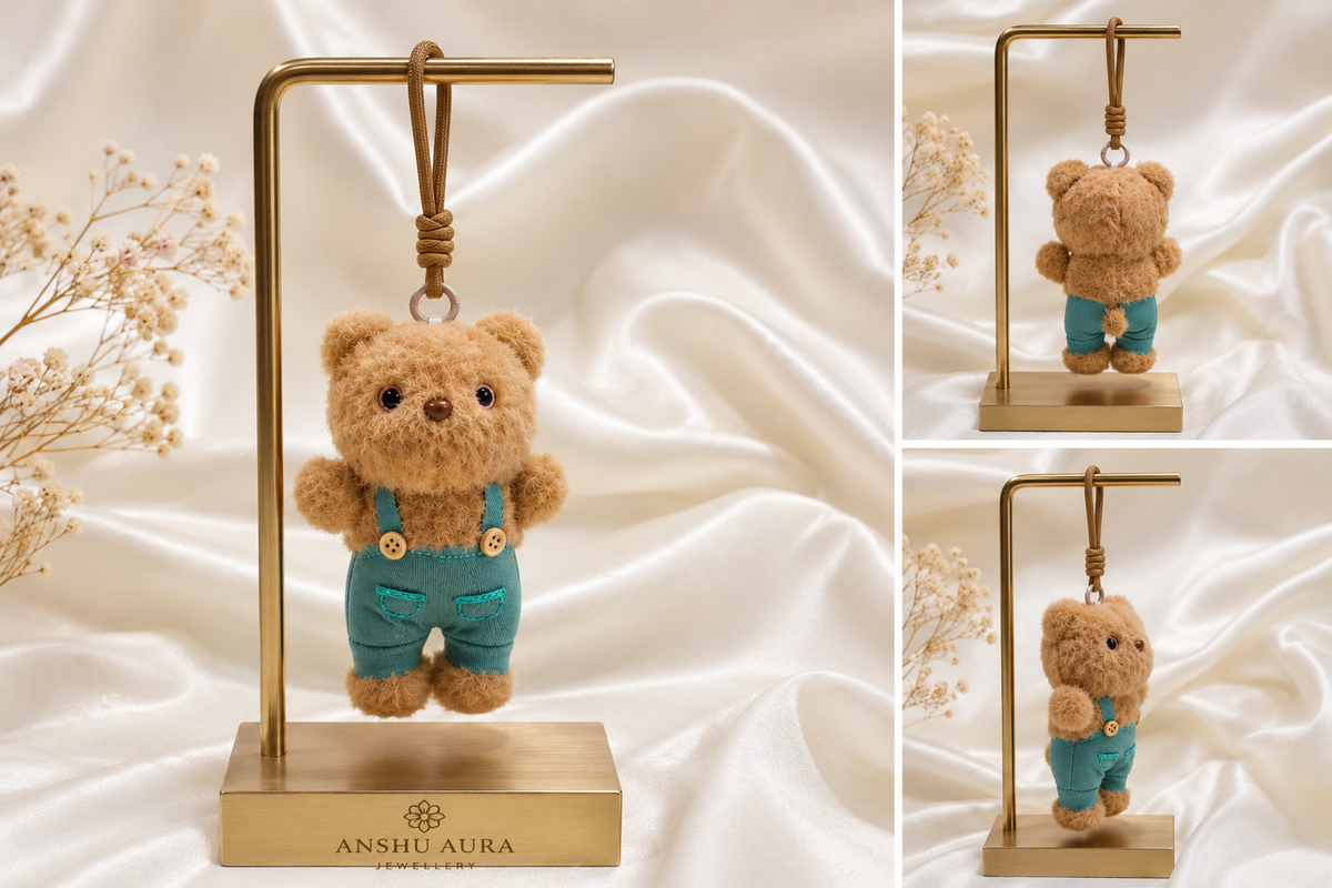 Cute Teddy Bear Plush Bag Charm Keychain – Blue Dungaree