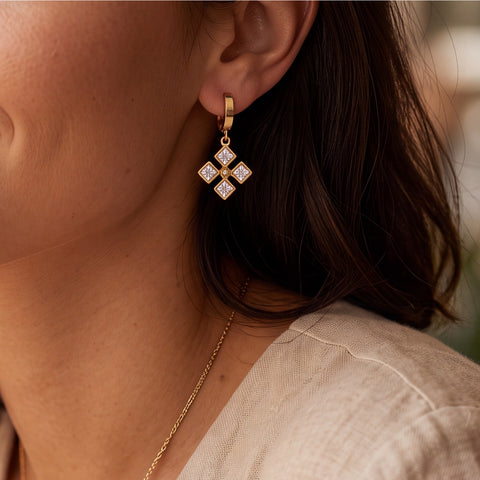Gold Clover Drop Hoop Earrings