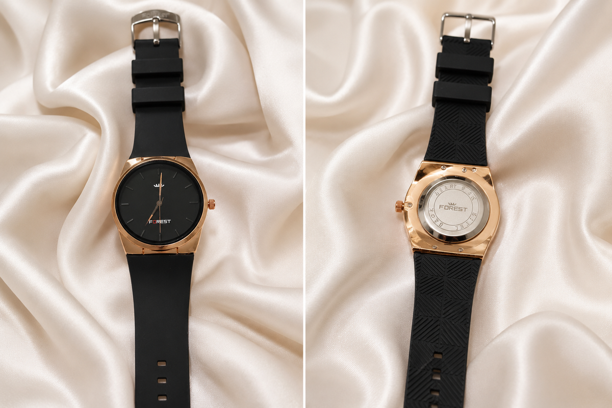 FOREST Black Dial Rose Gold Silicone Strap Analog Watch for Men & Women | Minimal Premium Design