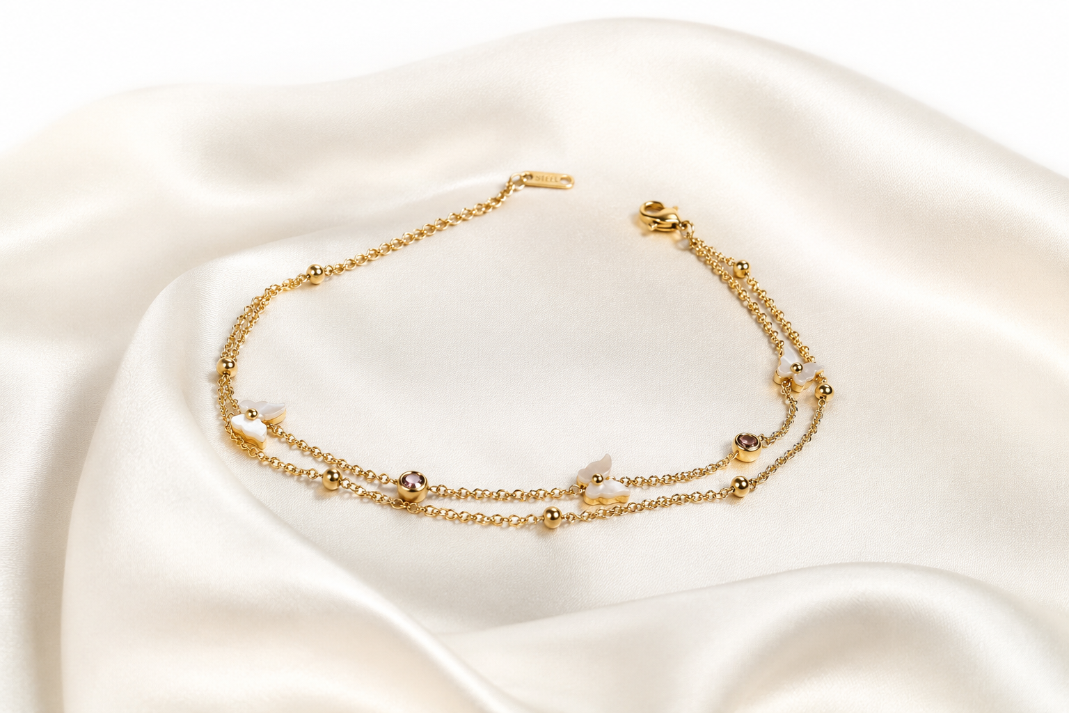 Floral Butterfly Double-Layer Gold Anklet