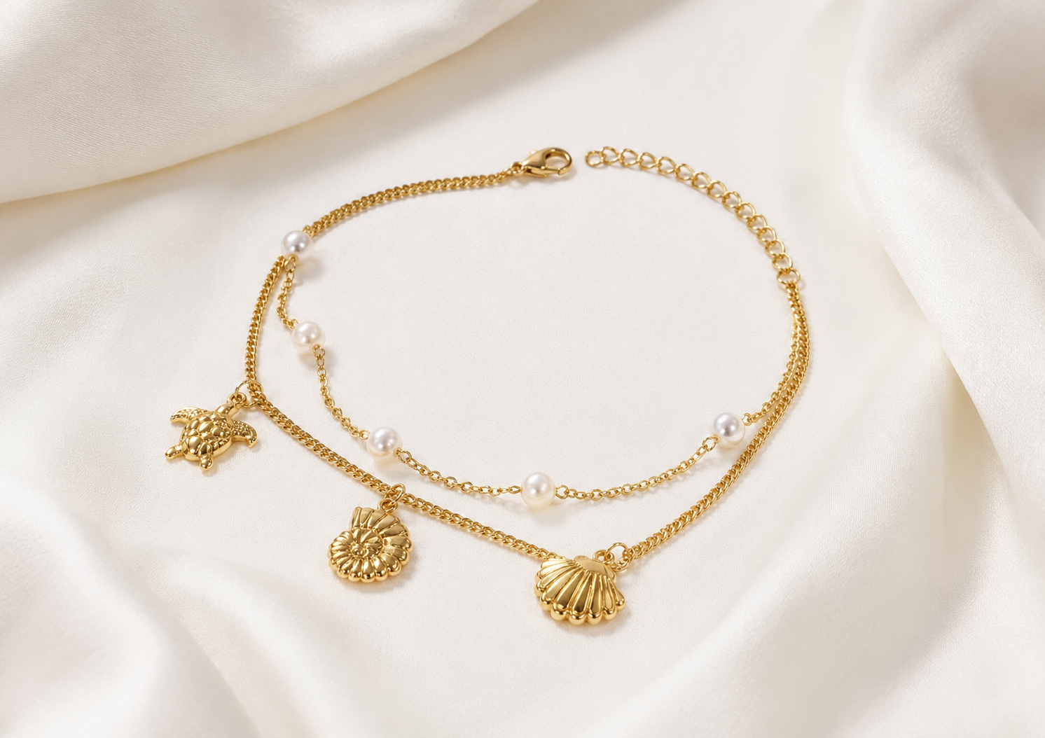 Pearl Charm Layered Gold Anklet