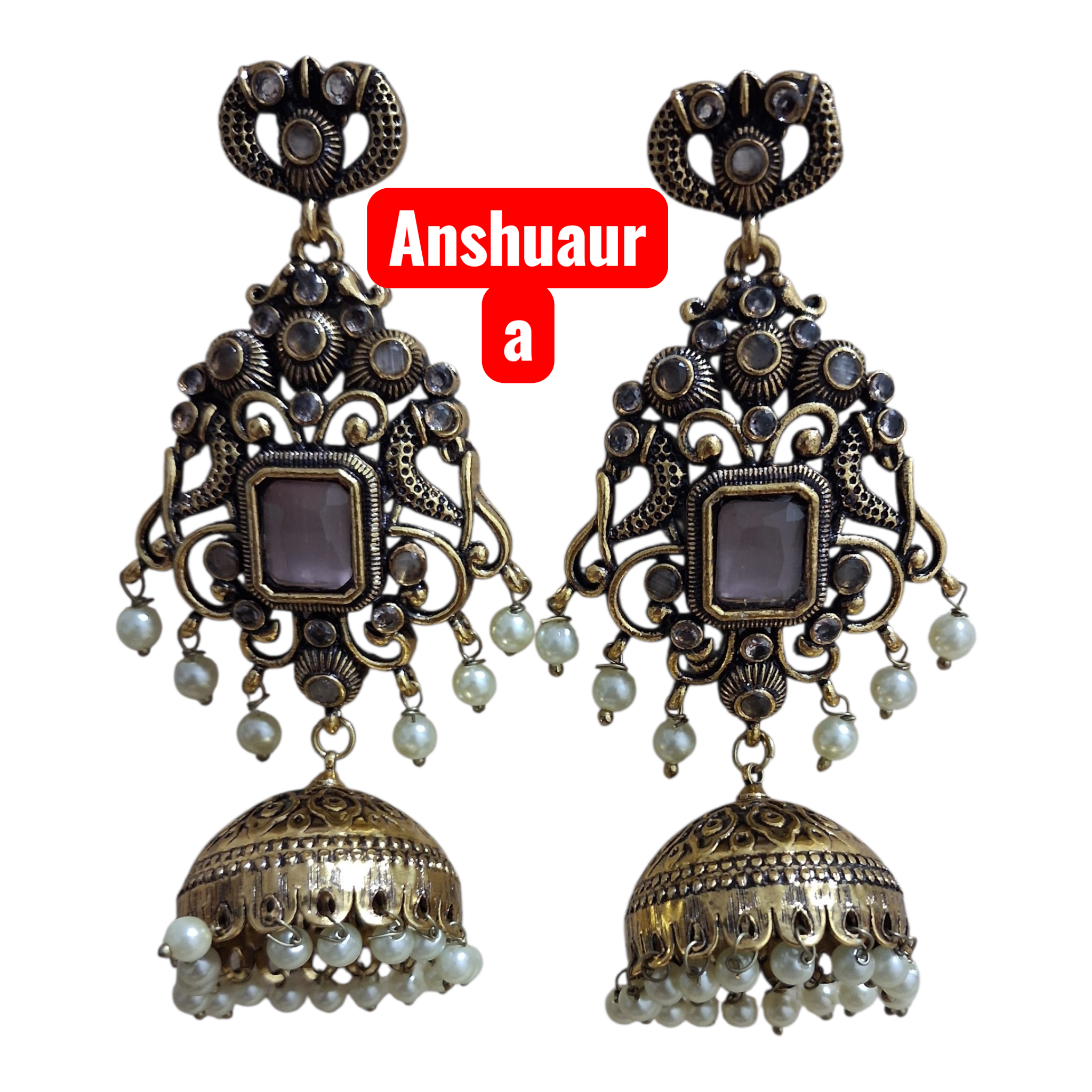 Antique Gold-Plated Peacock Jhumka Earrings with Stones and Pearl Droplets