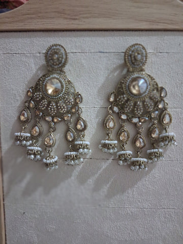Royal Bahubali Kundan Chandbali Earrings with Triple Jhumki Drops