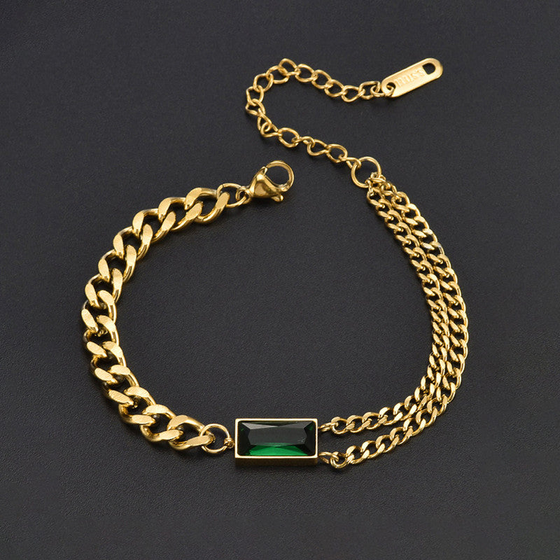 Emerald Luxe Dual-Chain Bracelet - Anti-Tarnish Emerald Green Statement Jewelry