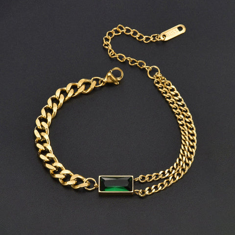 Emerald Luxe Dual-Chain Bracelet - Anti-Tarnish Emerald Green Statement Jewelry