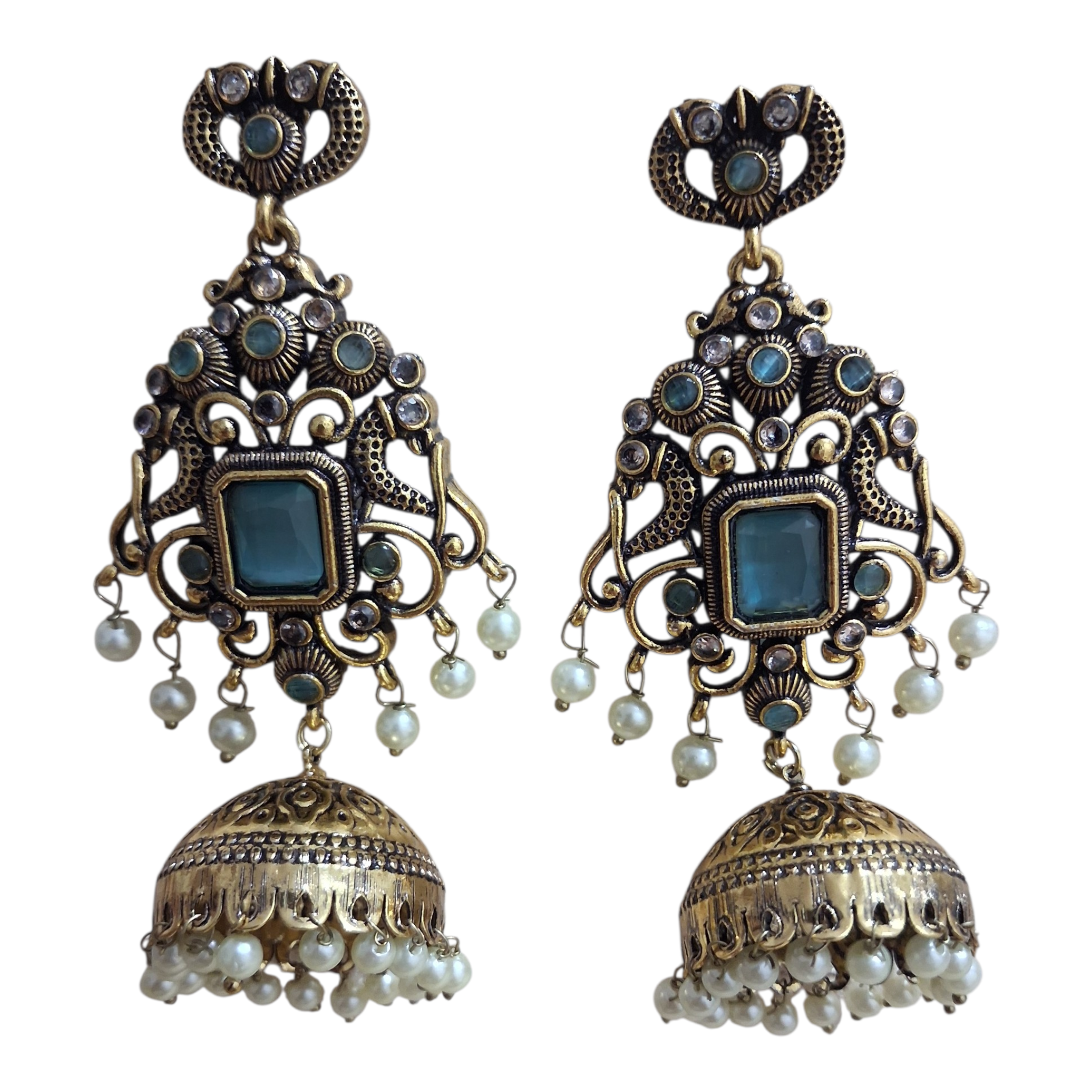 Antique Gold-Plated Peacock Jhumka Earrings with Stones and Pearl Droplets