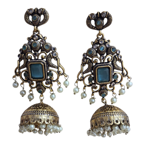 Antique Gold-Plated Peacock Jhumka Earrings with Stones and Pearl Droplets